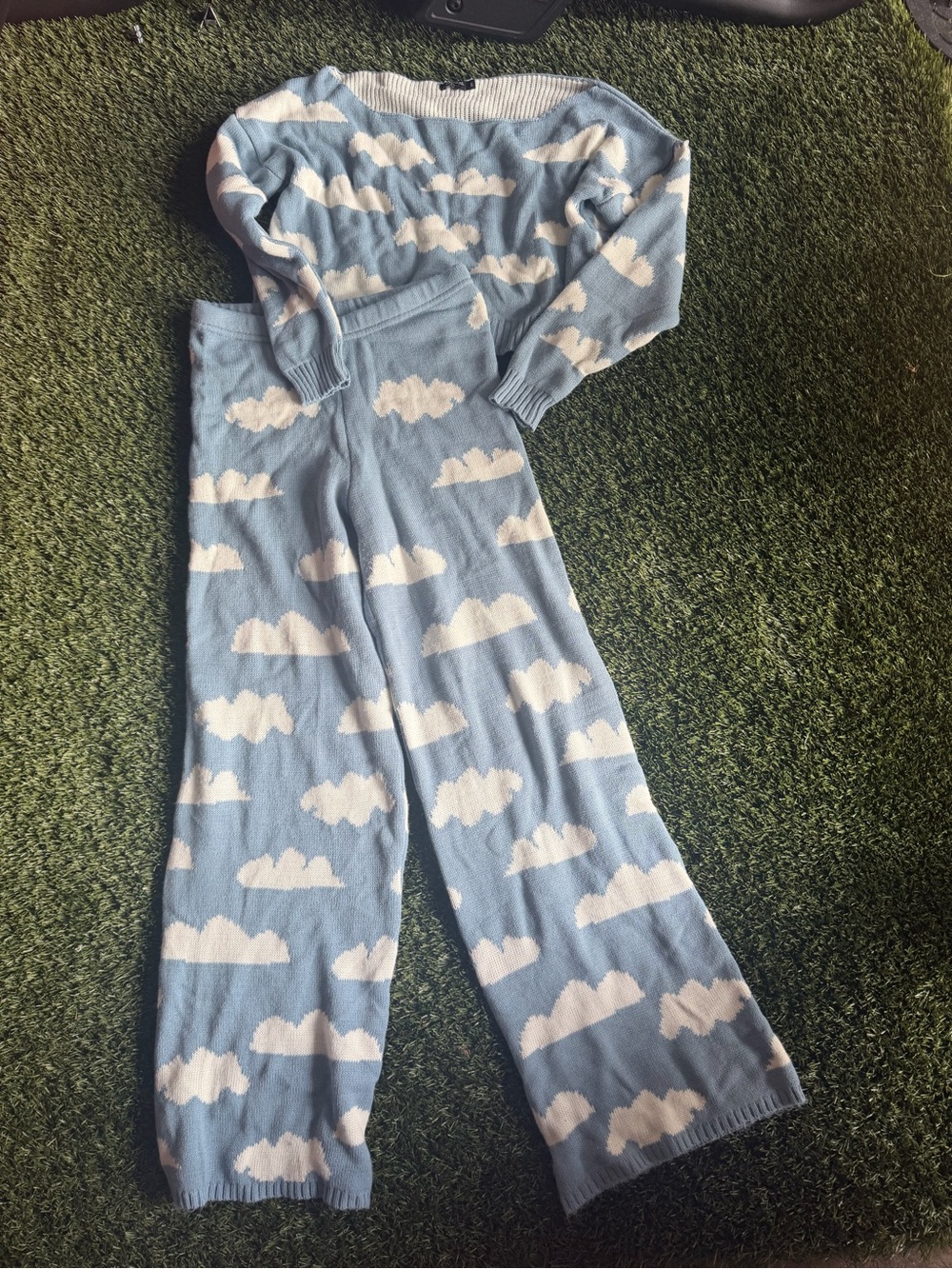 Nasty Gal Blue Cloud Knit Lounge Set | Sweater & Wide Leg Pants | Size Small